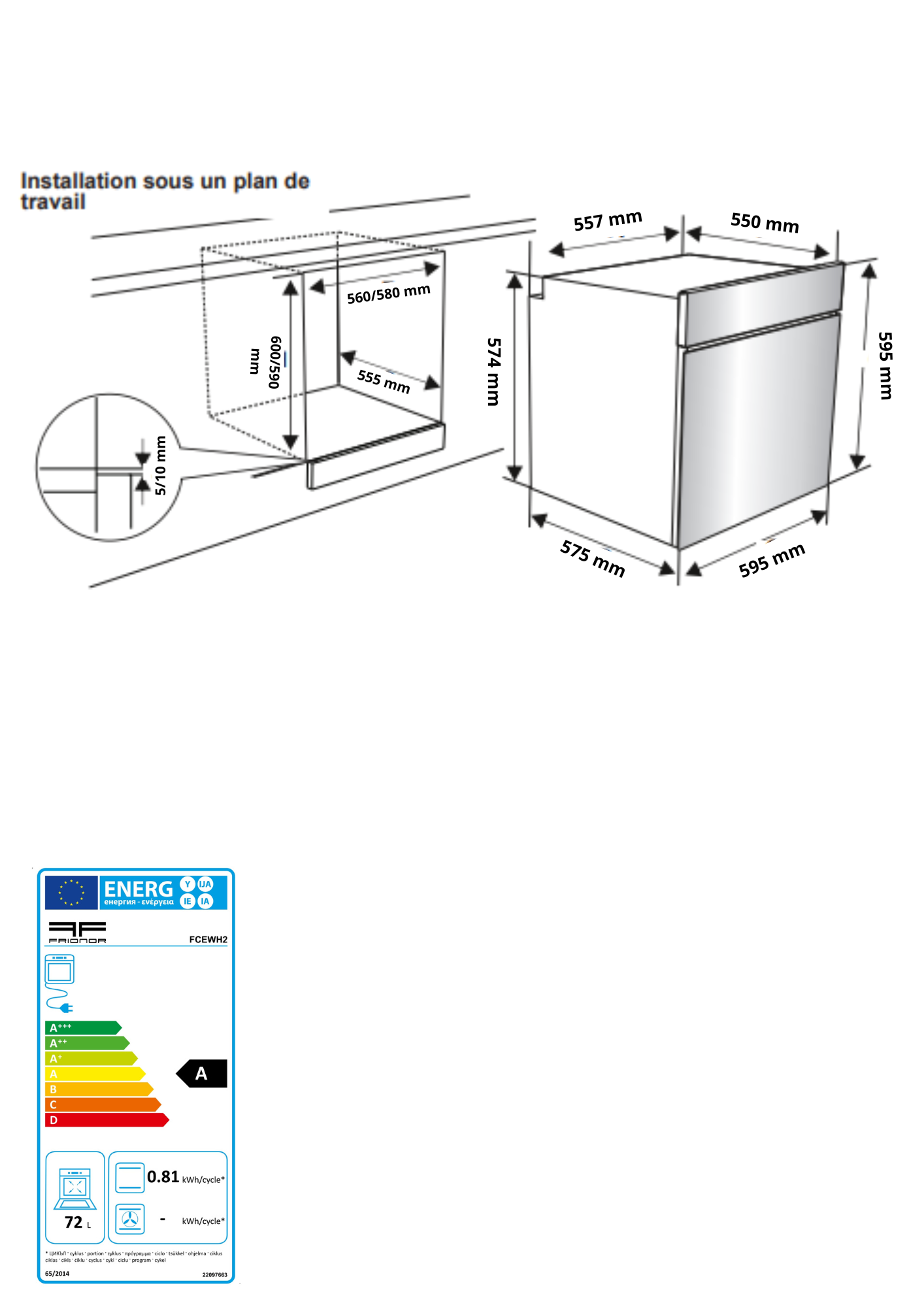 Four encastrable blanc convection naturelle 72 L - FCEWH2 FRIONOR