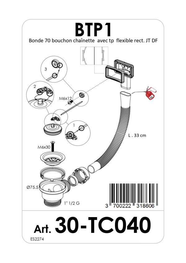 Bonde 70 bouchon chaînette avec tp flexible rect